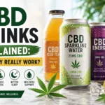 CBD-infused drinks including sparkling water, iced tea, energy drink, and coffee with hemp leaf, highlighting relaxation, stress relief, sleep, and wellness benefits