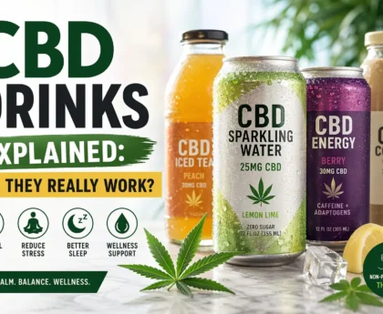 CBD-infused drinks including sparkling water, iced tea, energy drink, and coffee with hemp leaf, highlighting relaxation, stress relief, sleep, and wellness benefits