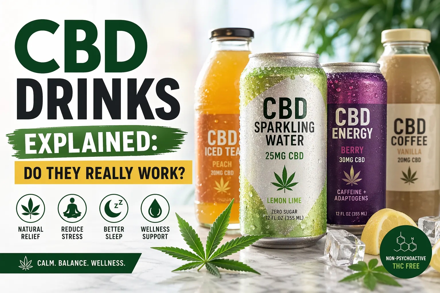 CBD-infused drinks including sparkling water, iced tea, energy drink, and coffee with hemp leaf, highlighting relaxation, stress relief, sleep, and wellness benefits