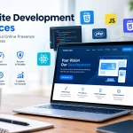 Website Development Services with a modern laptop and smartphone displaying responsive website designs, surrounded by web development technologies and icons for responsive design, fast performance, security, SEO, custom solutions, and scalability.