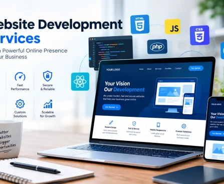Website Development Services with a modern laptop and smartphone displaying responsive website designs, surrounded by web development technologies and icons for responsive design, fast performance, security, SEO, custom solutions, and scalability.