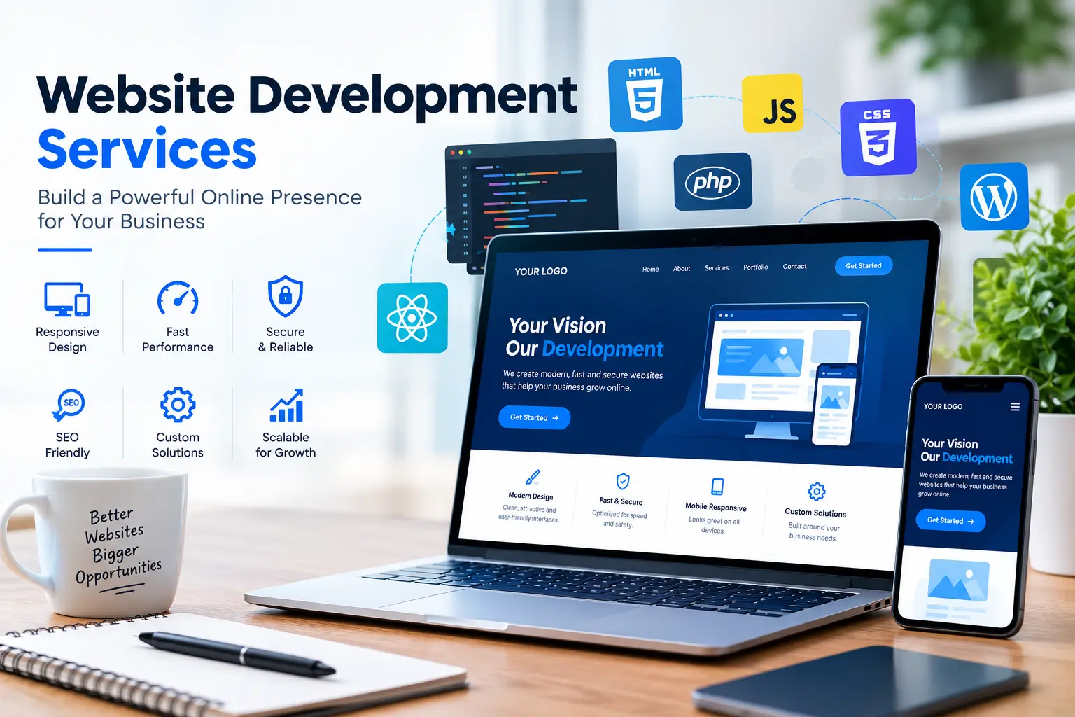 Website Development Services with a modern laptop and smartphone displaying responsive website designs, surrounded by web development technologies and icons for responsive design, fast performance, security, SEO, custom solutions, and scalability.